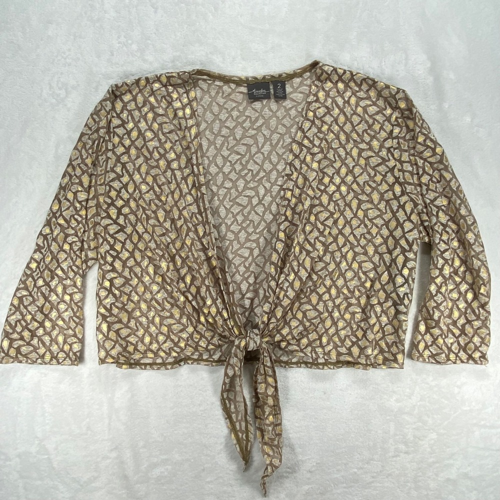 Chico's Travelers Collection Tie Front Top Sheer Metallic Gold Brown Size 2 US L